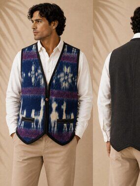 Boho Tribal Blanket Vest Ikat Pattern Blue Purple Wooden Button Vintage Vibe